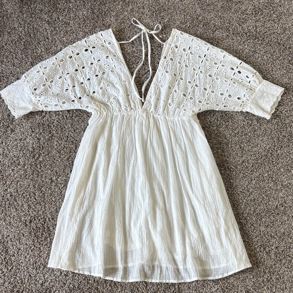 Women’s Emroidered White Eyelet Mini Dress Size S 100% Cotton